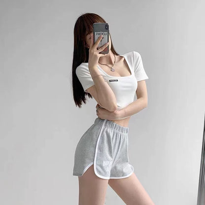 Square Neck Collarbone Tight Base Summer Hot Girl Short-sleeved Slim Top - Amazhona 