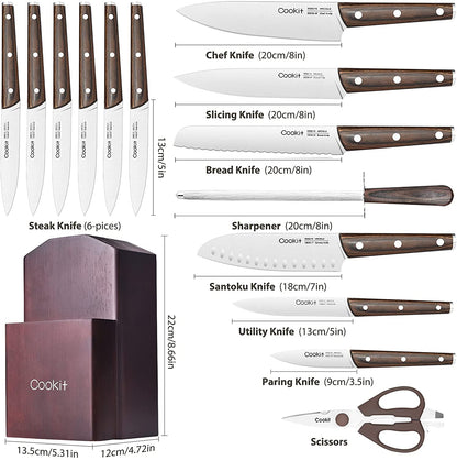 Kitchen Knife Sets, 15 Piece Knife Sets with Block for Kitchen Chef Knife Stainless Steel Knives Set Serrated Steak Knives with Manual Sharpener Knife Amazon Platform Banned - Amazhona 