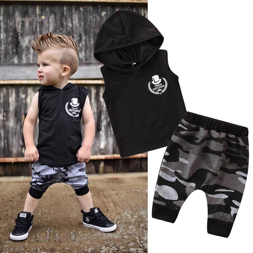 2PCS Toddler Kids Baby Boy Sleeveless Hooded Clothes T-shirt Tops Camo Pants Outfits - Amazhona 