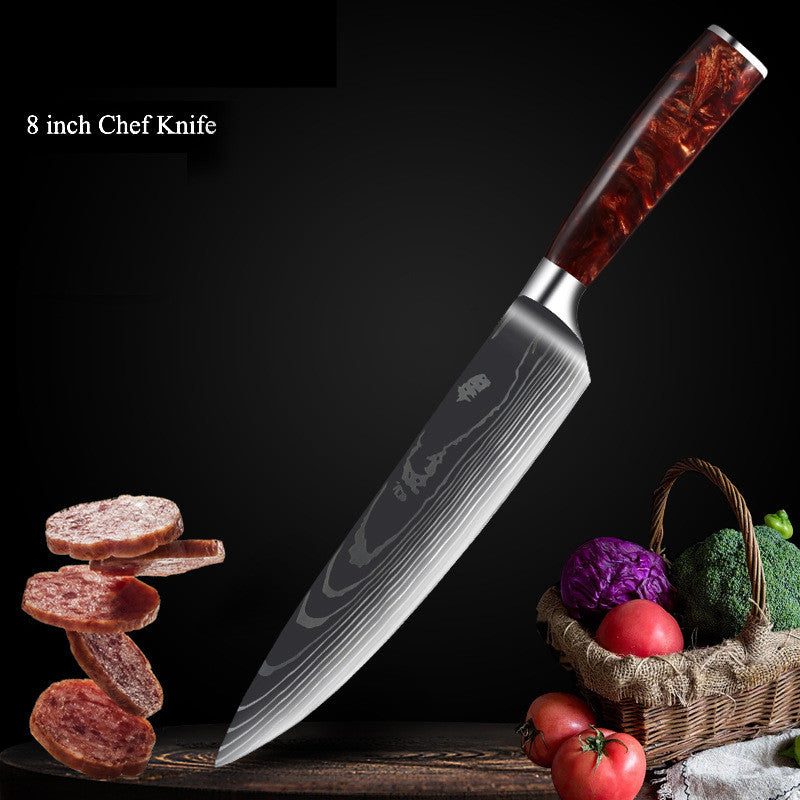 Red Resin Handle Damascus Laser Pattern Set Kitchen Knife - Amazhona 