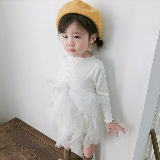 Autumn Baby Stitching Net Yarn Children's Skirt Bowknot Long-sleeved Knitted Dress - Amazhona 