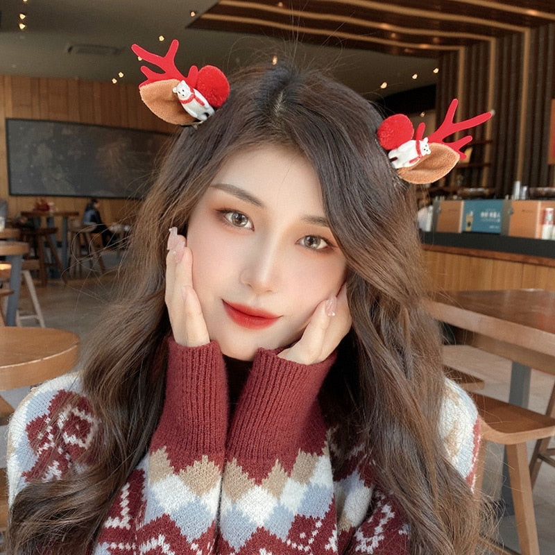 2pcs/Set Kawaii Christmas Elk Ear Hair Clip Women Girl Santa Snowman Hairpin Xmas Party Barrettes For Kids Cosplay Headwear - Amazhona 