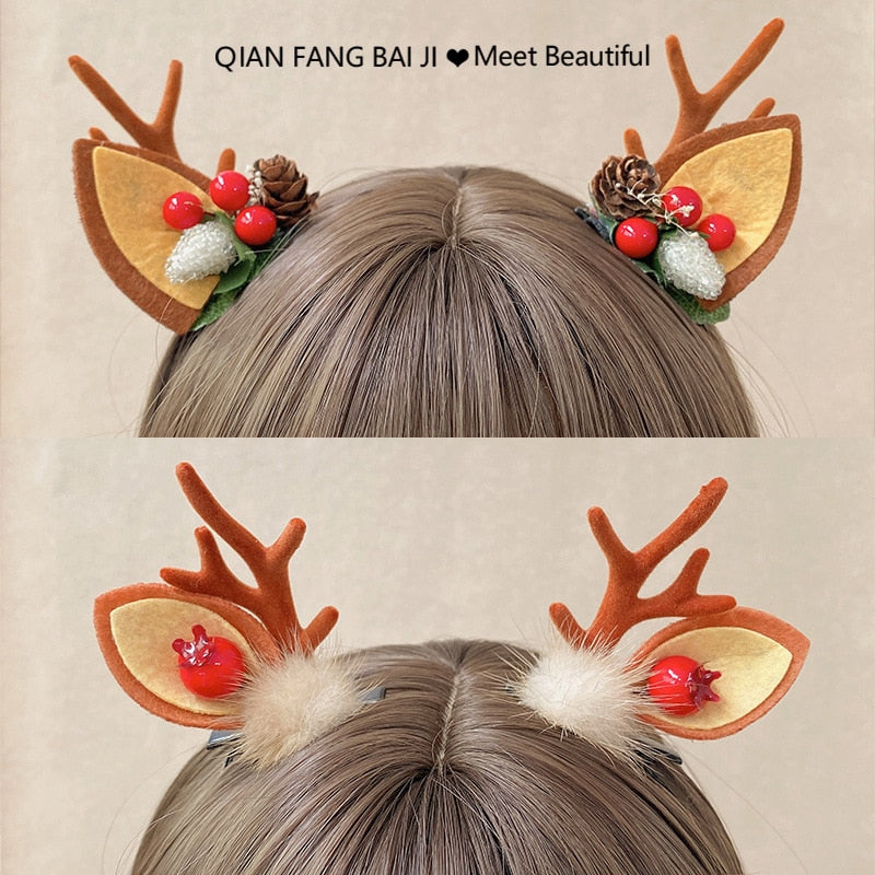 2pcs/Set Kawaii Christmas Elk Ear Hair Clip Women Girl Santa Snowman Hairpin Xmas Party Barrettes For Kids Cosplay Headwear - Amazhona 