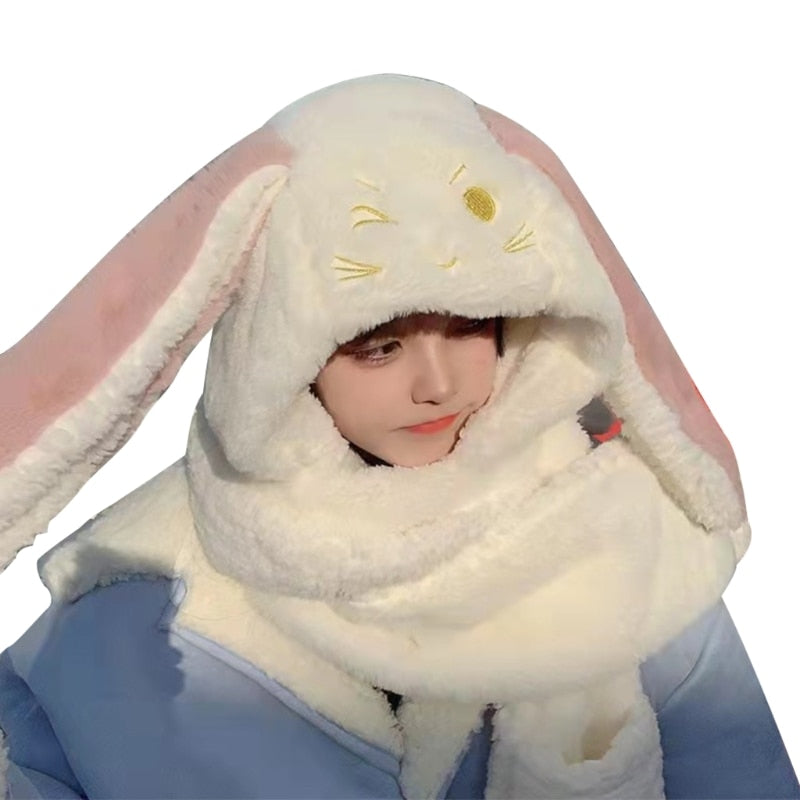 3 in1 Gloves scarf Rabbit Hat long Ears Cute Cartoon Hat Kawaii Funny Birthday Gift Bunny Plush Cap Winter For Adult Girlfriend - Amazhona 