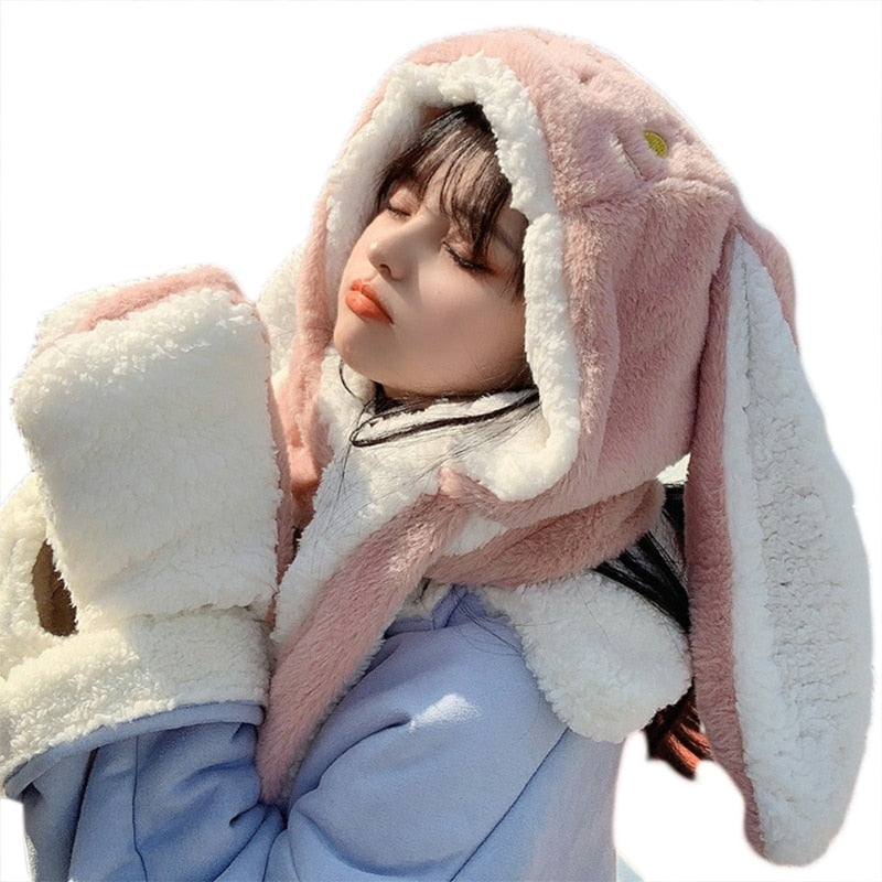 3 in1 Gloves scarf Rabbit Hat long Ears Cute Cartoon Hat Kawaii Funny Birthday Gift Bunny Plush Cap Winter For Adult Girlfriend - Amazhona 