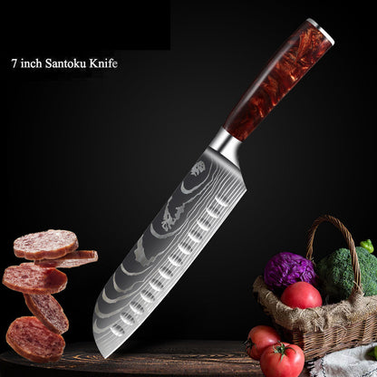 Red Resin Handle Damascus Laser Pattern Set Kitchen Knife - Amazhona 