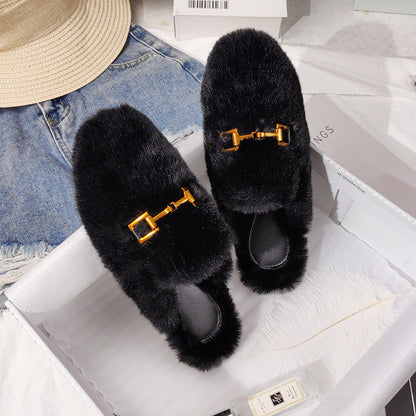 Fur Half Slippers Female Baotou Lazy People Wear Mules Outside - Amazhona 