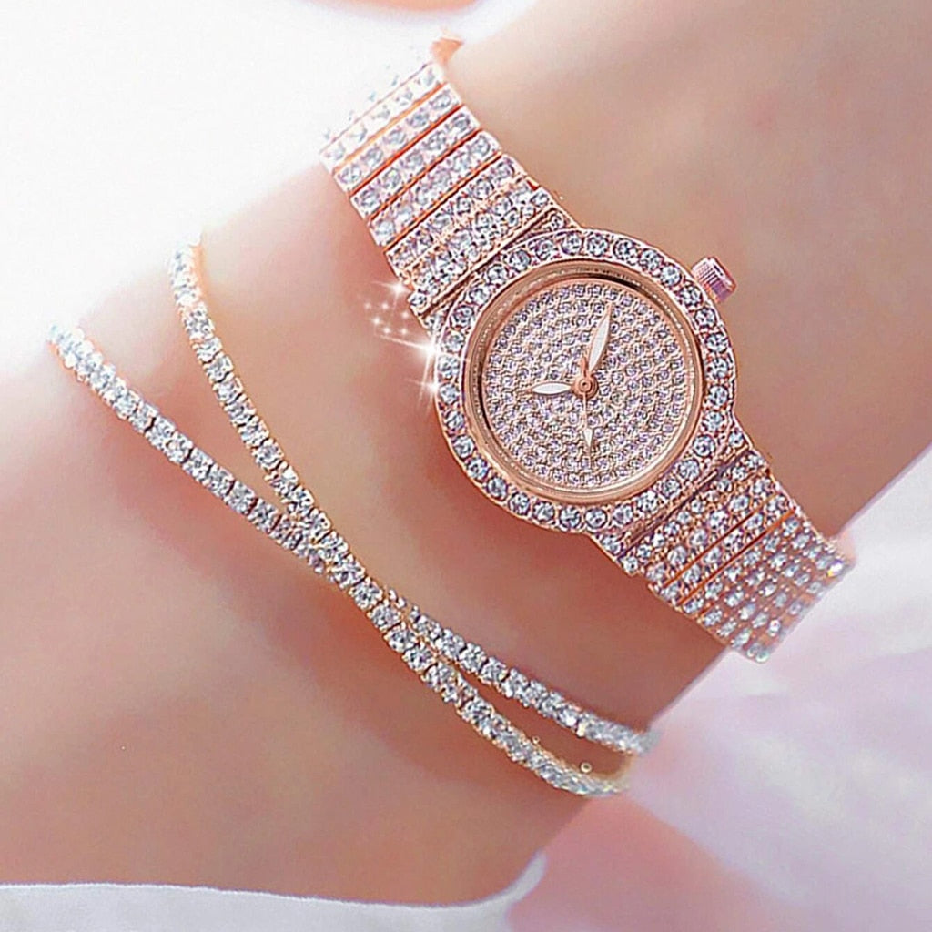 3PCS Fashion Diamond Watch For Women Luxury Crystal Rose Gold Quartz Watch Wristwatch Analog Dress Female Clock Ladies Reloj - Amazhona 