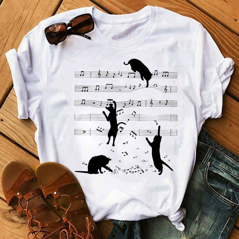 Large Size Women's Music Note Printing Kawaii Top Female Wholesale Supply Round Neck Short Sleeve T-shirt Female - Amazhona 