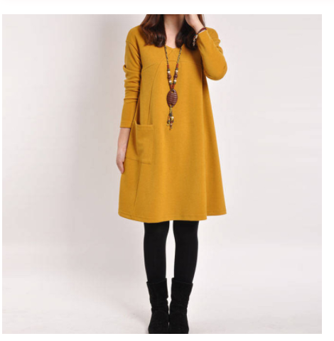 Pure color literary long sleeve dress - Amazhona 