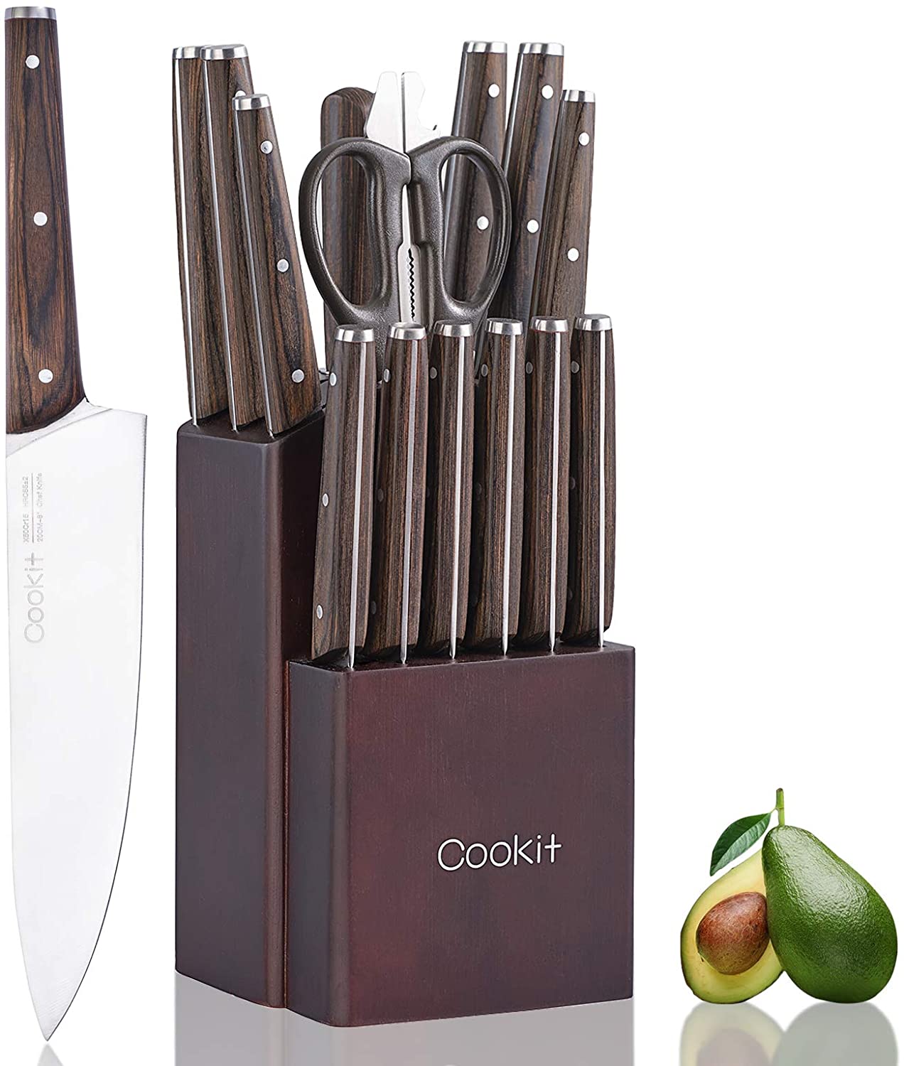 Kitchen Knife Sets, 15 Piece Knife Sets with Block for Kitchen Chef Knife Stainless Steel Knives Set Serrated Steak Knives with Manual Sharpener Knife Amazon Platform Banned - Amazhona 