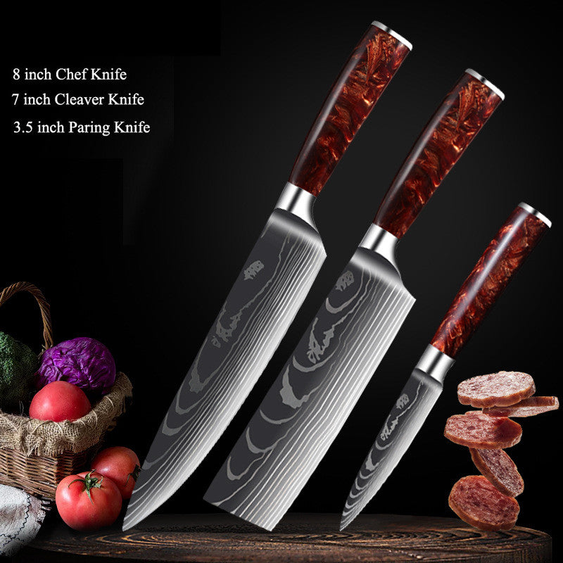 Red Resin Handle Damascus Laser Pattern Set Kitchen Knife - Amazhona 