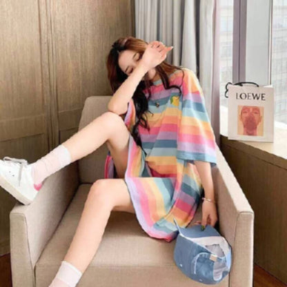 Mid-length Short-sleeved Rainbow Female Student Loose Ins Half-sleeved Top - Amazhona 