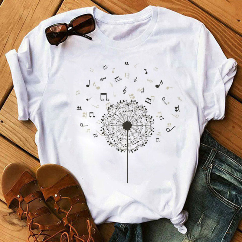 Large Size Women's Music Note Printing Kawaii Top Female Wholesale Supply Round Neck Short Sleeve T-shirt Female - Amazhona 