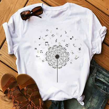 Large Size Women's Music Note Printing Kawaii Top Female Wholesale Supply Round Neck Short Sleeve T-shirt Female - Amazhona 