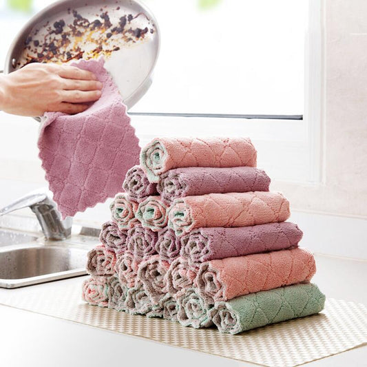 Printed two-color double-sided absorbent dish cloth non-stick oil hand towel thickening wipe tablecloth coral velvet kitchen rag - Amazhona 