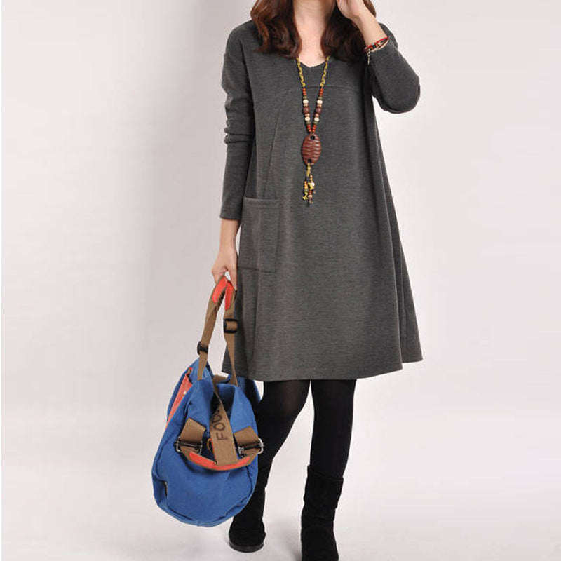 Pure color literary long sleeve dress - Amazhona 