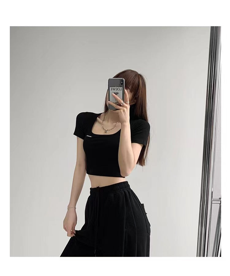 Square Neck Collarbone Tight Base Summer Hot Girl Short-sleeved Slim Top - Amazhona 