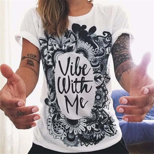 Vibe With Me Printed Boho Short Sleeve T-Shirt - Amazhona 