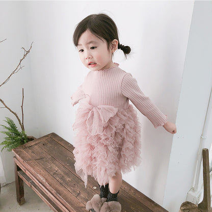 Autumn Baby Stitching Net Yarn Children's Skirt Bowknot Long-sleeved Knitted Dress - Amazhona 