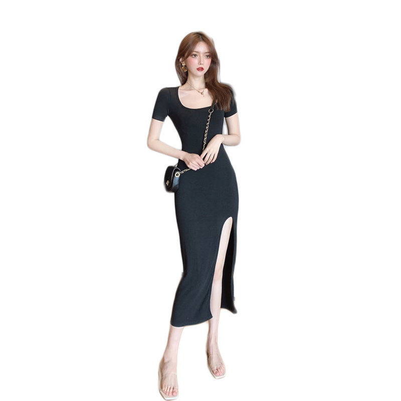 French Women's Long Dress Square Shoulder Waist Side Slit Square - Amazhona 