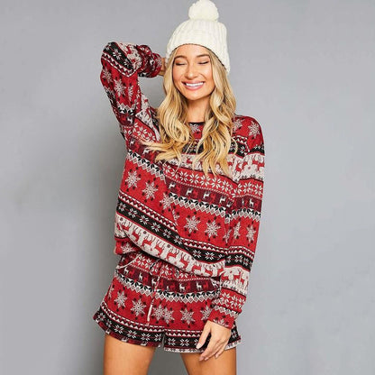 Women Printed Long Sleeve Loose Christmas Home Set - Amazhona 