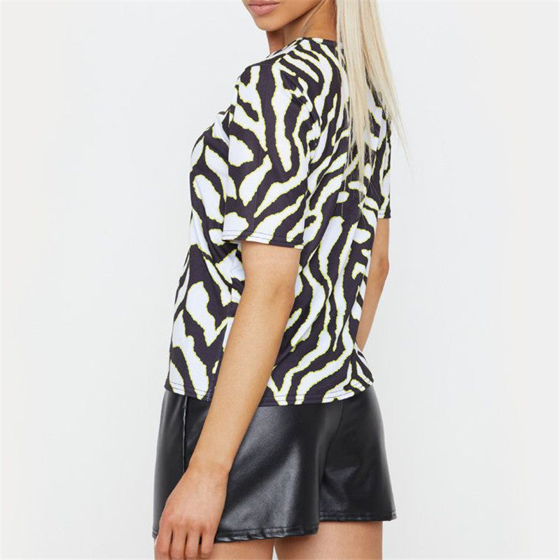 Striped print casual round neck short sleeves - Amazhona 