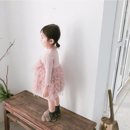 Autumn Baby Stitching Net Yarn Children's Skirt Bowknot Long-sleeved Knitted Dress - Amazhona 