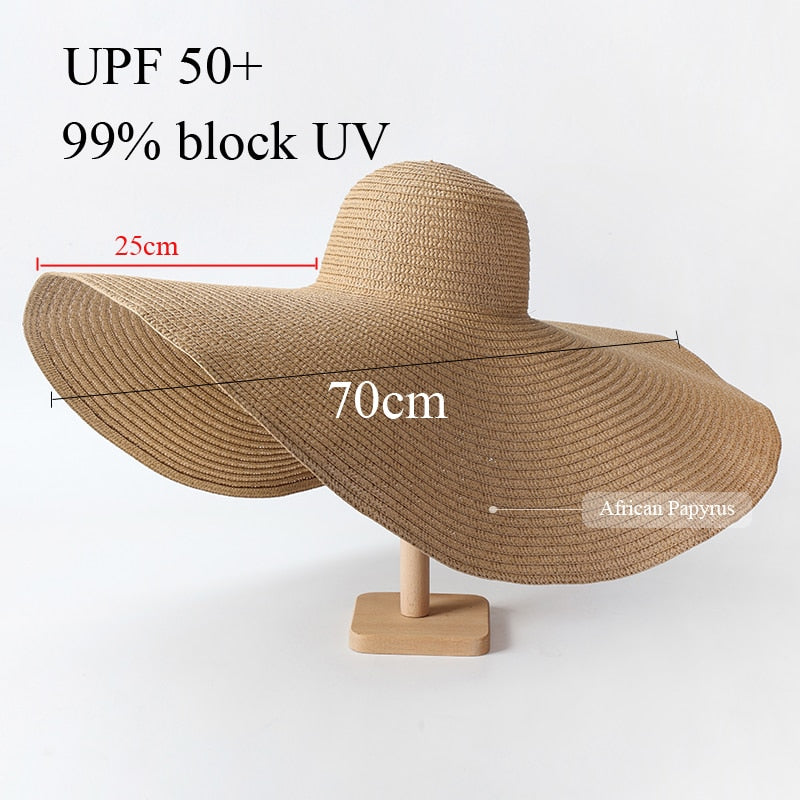 70cm Oversized  Wide Brim Sun Hat Travel  Large UV Protection Beach Straw Hats Women's Summer Floppy Foldable Chapeaux Wholesale - Amazhona 