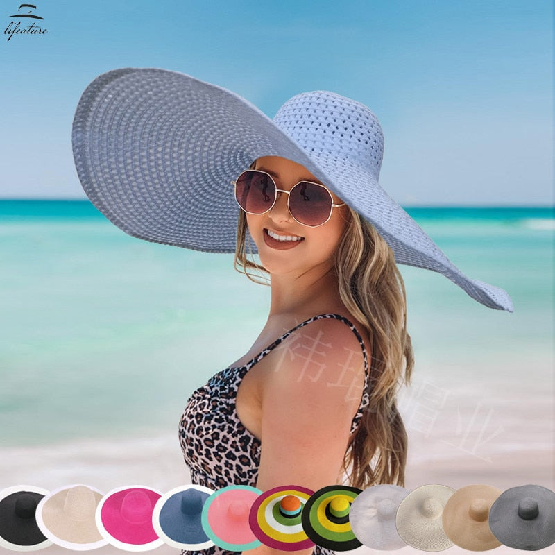 70cm Oversized  Wide Brim Sun Hat Travel  Large UV Protection Beach Straw Hats Women's Summer Floppy Foldable Chapeaux Wholesale - Amazhona 