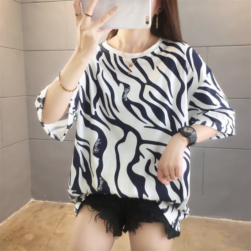 Striped print casual round neck short sleeves - Amazhona 