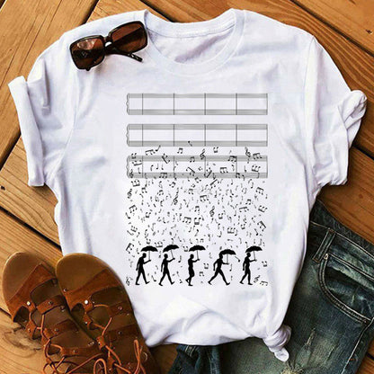 Large Size Women's Music Note Printing Kawaii Top Female Wholesale Supply Round Neck Short Sleeve T-shirt Female - Amazhona 