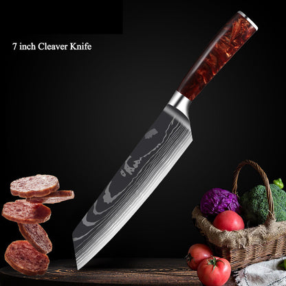 Red Resin Handle Damascus Laser Pattern Set Kitchen Knife - Amazhona 