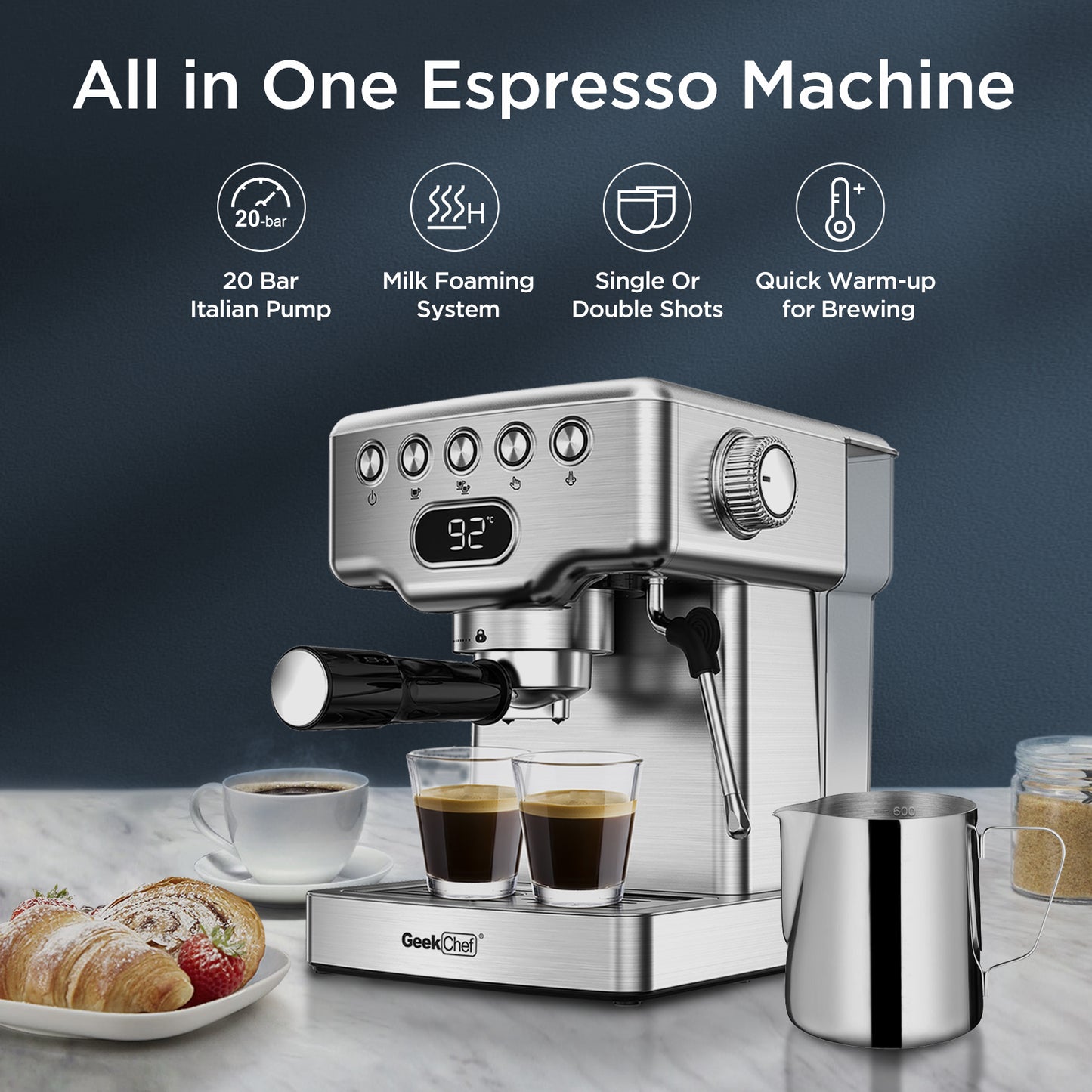 Geek Chef Espresso Machine, 20 Bar Espresso Machine With Milk Frother For Latte, Cappuccino, Macchiato, For Home Espresso Maker, 1.8L Water Tank, Stainless Steel, Ban On Amazon - Amazhona 