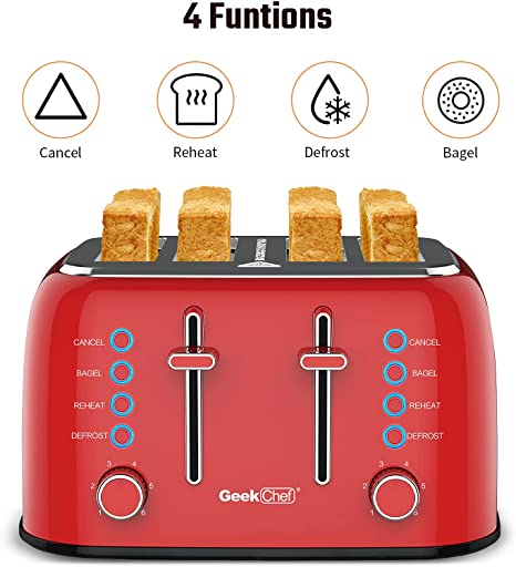 Prohibit listing on Amazon. Toaster 4 Slice, Geek Chef Retro Red Extra Wide Slot, Independent temperature control Toaster ,Reheat,Defrost,Cancel 4 Function, 6-Shade Settings, High Auto Pop-Up