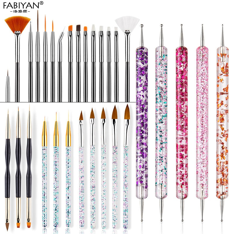 8/20Pcs Nail Art Brush Design Tip Painting Drawing Carving Dotting Pen FlatFan Liner Acrylic Gel UV Polish Tool Manicure - Amazhona 