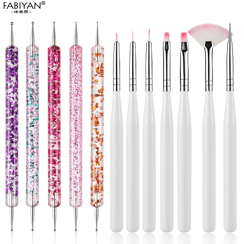 8/20Pcs Nail Art Brush Design Tip Painting Drawing Carving Dotting Pen FlatFan Liner Acrylic Gel UV Polish Tool Manicure - Amazhona 