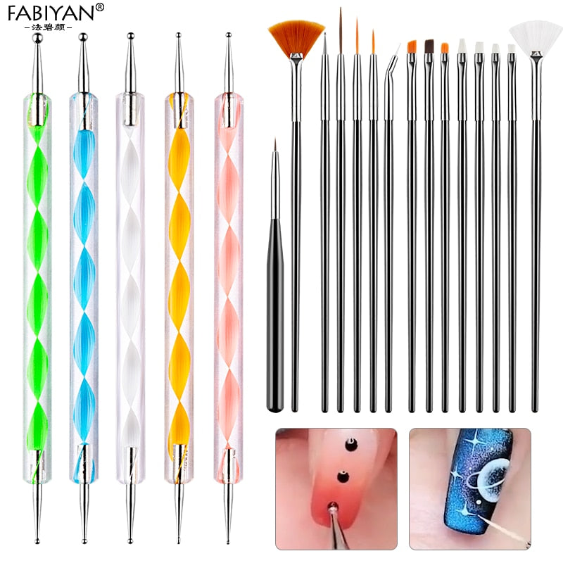 8/20Pcs Nail Art Brush Design Tip Painting Drawing Carving Dotting Pen FlatFan Liner Acrylic Gel UV Polish Tool Manicure - Amazhona 