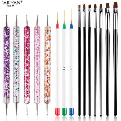 8/20Pcs Nail Art Brush Design Tip Painting Drawing Carving Dotting Pen FlatFan Liner Acrylic Gel UV Polish Tool Manicure - Amazhona 