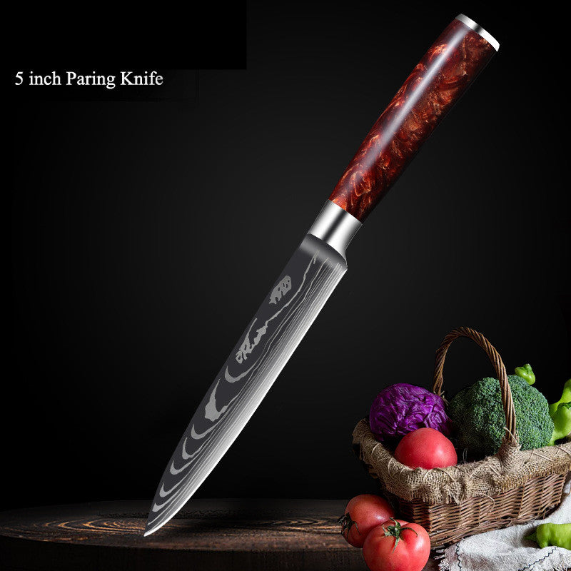 Red Resin Handle Damascus Laser Pattern Set Kitchen Knife - Amazhona 