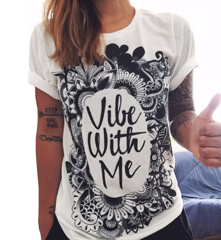 Vibe With Me Printed Boho Short Sleeve T-Shirt - Amazhona 