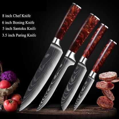 Red Resin Handle Damascus Laser Pattern Set Kitchen Knife - Amazhona 