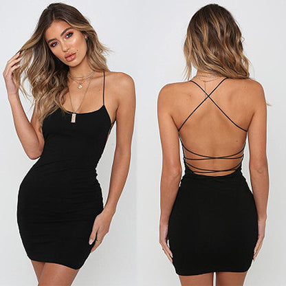 Solid Backless Midi Dress with Lace Up - Amazhona 