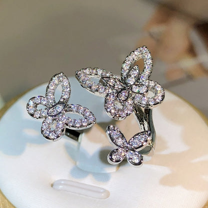 925 Silver Korean New Design Fashion Jewelry Exquisite White Zircon Smart Three Butterfly Opening Female Prom Party Ring - Amazhona 