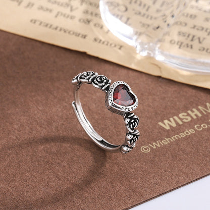 925 Sterling Silver Rings For Women Men Red Heart Simple Trendy Retro Adjustable Anillos Party Gifts Fine Accessories - Amazhona 