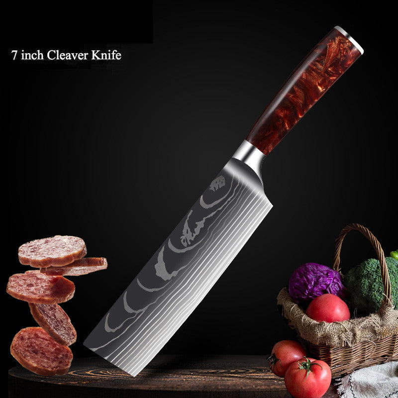 Red Resin Handle Damascus Laser Pattern Set Kitchen Knife - Amazhona 