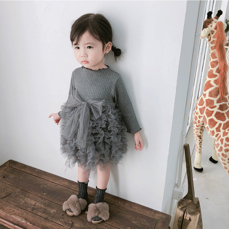 Autumn Baby Stitching Net Yarn Children's Skirt Bowknot Long-sleeved Knitted Dress - Amazhona 