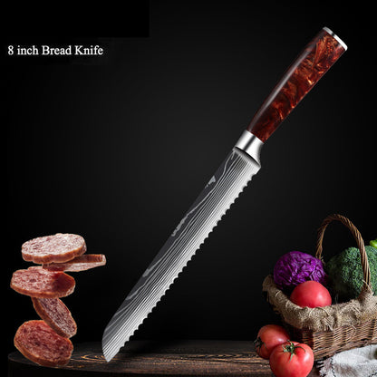 Red Resin Handle Damascus Laser Pattern Set Kitchen Knife - Amazhona 