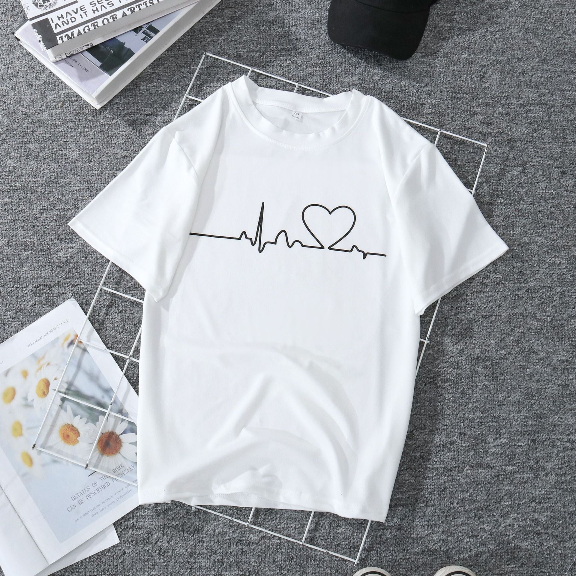 Women's T-shirt Women's Short Sleeve Summer New Korean Style Love ECG Top Bottoming Shirt - Amazhona 