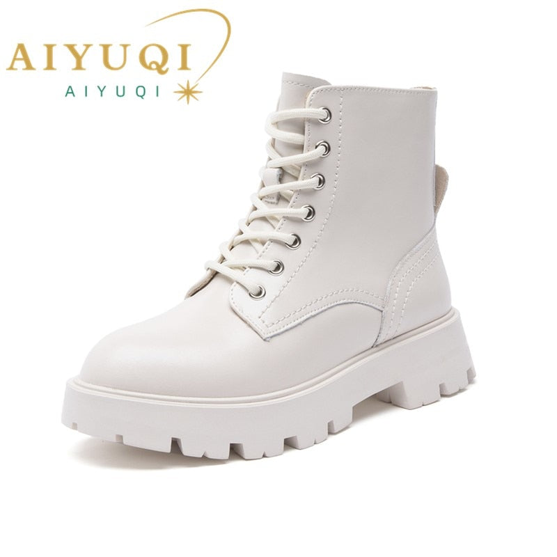 AIYUQI Women's Marton Boots Genuine Leather 2022 New Autumn Lace-up Motorcycle Boots Ladies British Style Women's Ankle Boots - Amazhona 